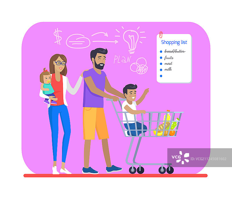年轻快乐家庭购物清单及计划图片素材