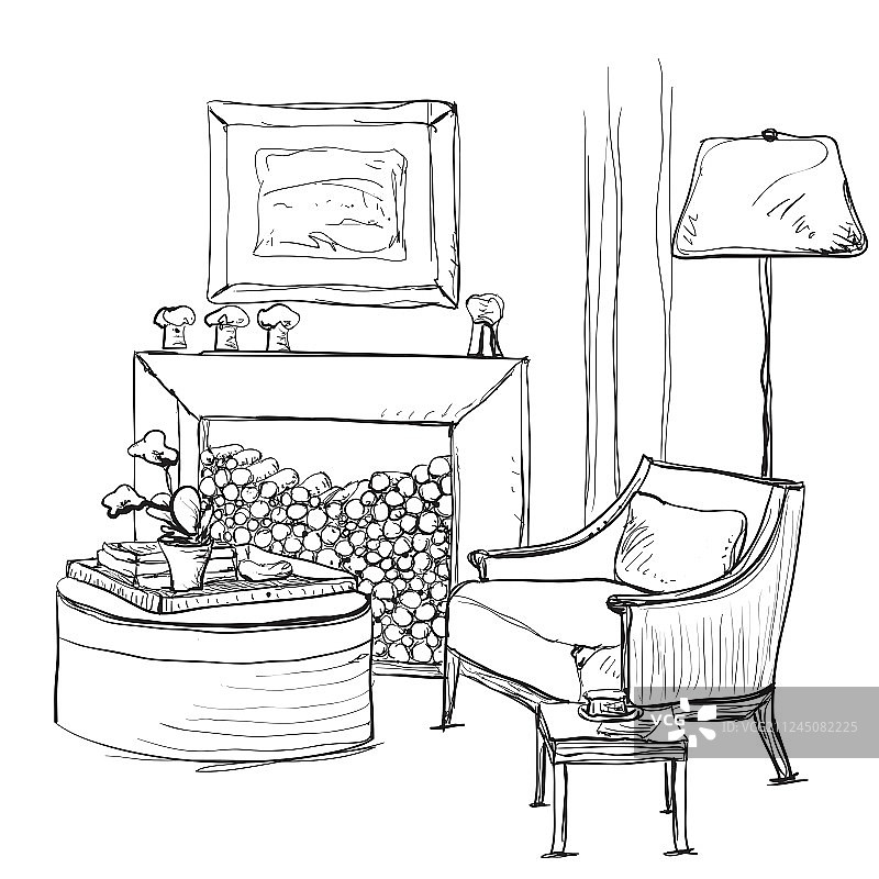 家居内景：扶手椅与壁炉图片素材