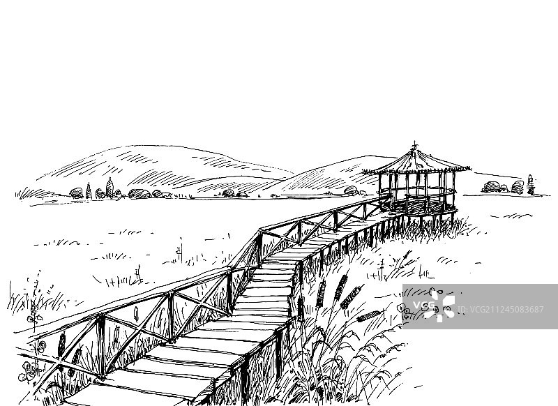 通往瞭望塔草地上的桥梁速写图片素材