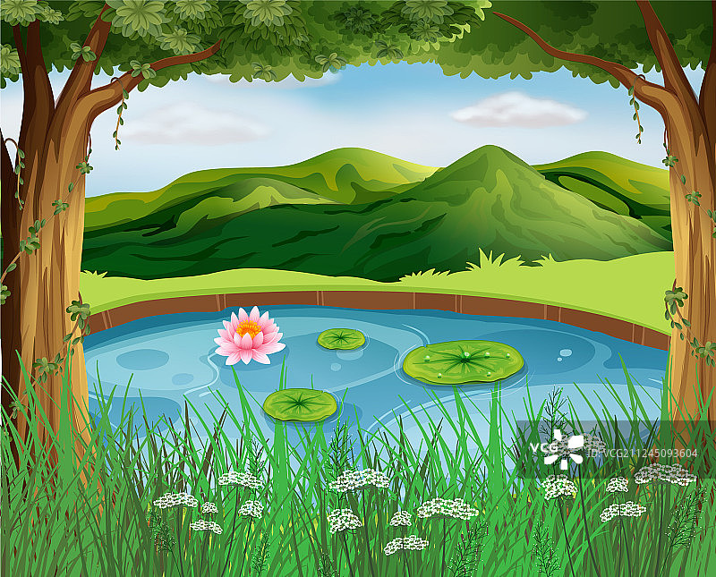 带池塘和山脉的森林场景图片素材