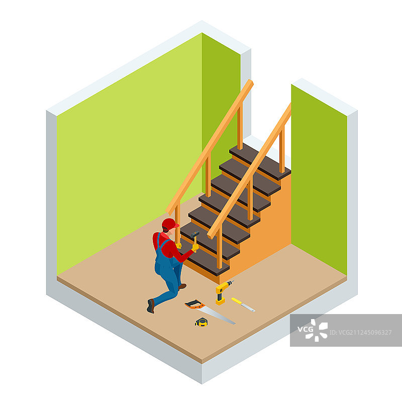 2.5D木匠建造木制楼梯图片素材