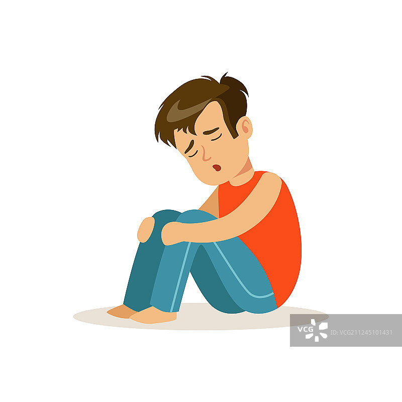 沮丧悲伤的男孩坐在地板上图片素材
