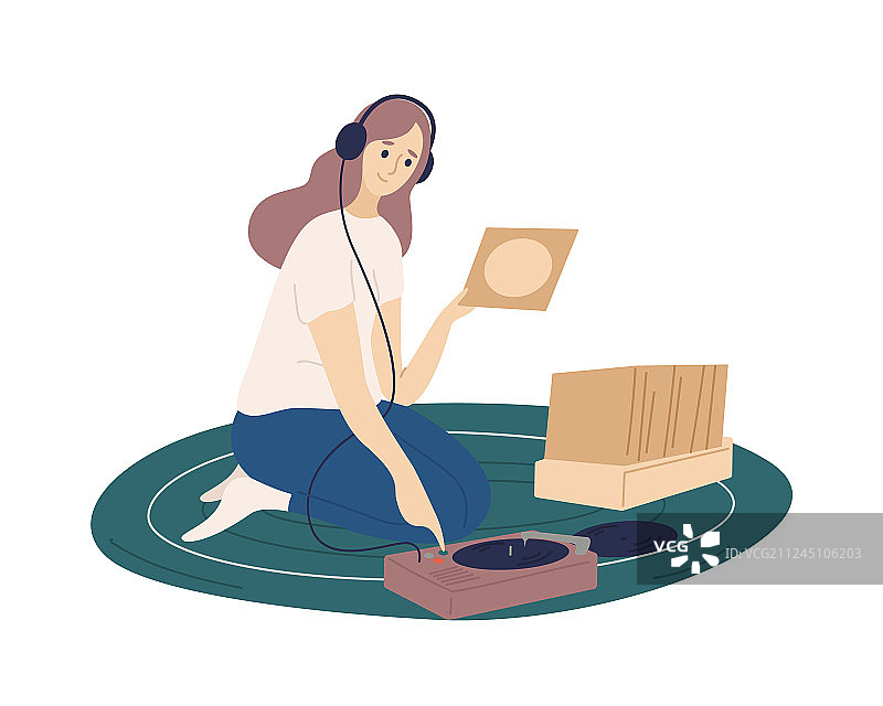戴着耳机播放黑胶唱片的滑稽女孩图片素材