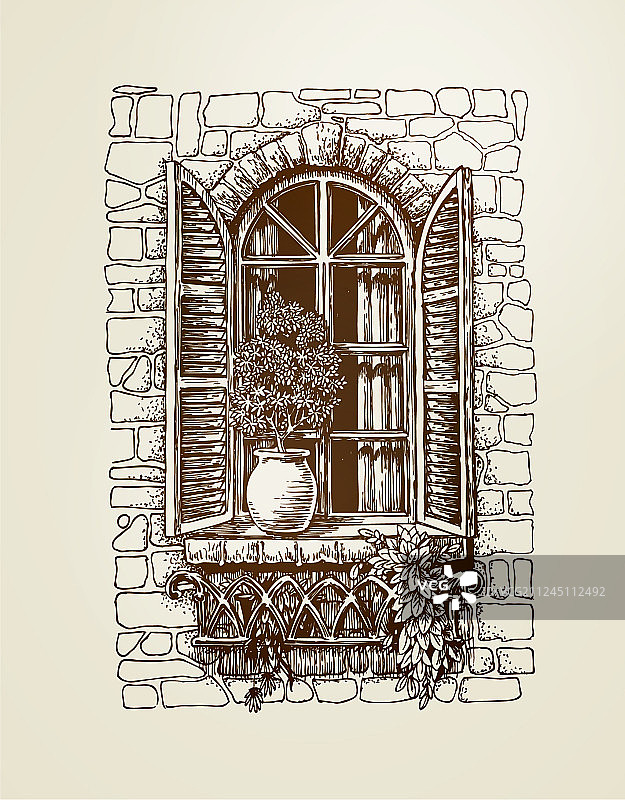 带木制百叶窗的窗户复古素描图片素材