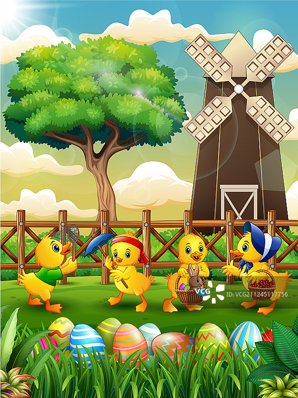 快乐复活节背景，农场里的一群可爱的小鸭子图片素材