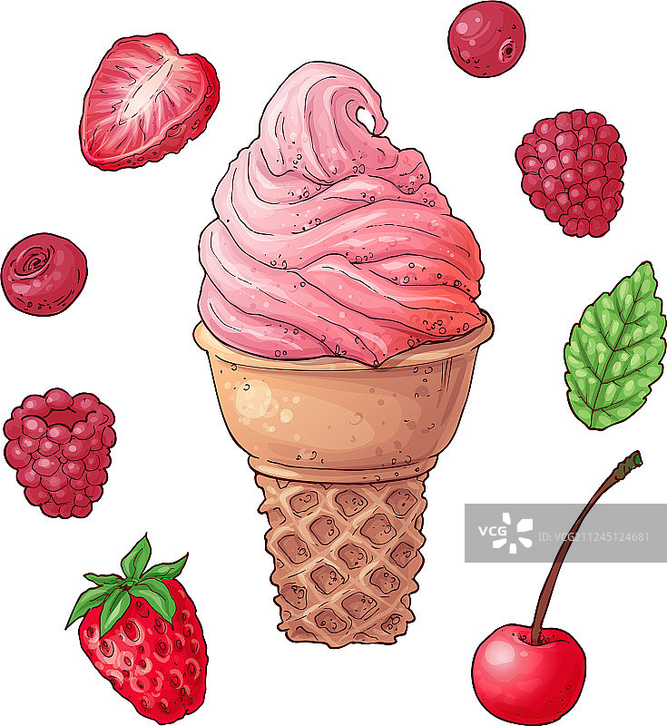 草莓覆盆子樱桃冰淇淋图片素材