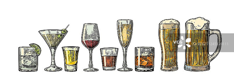 玻璃啤酒威士忌葡萄酒杜松子酒朗姆酒龙舌兰酒合集图片素材