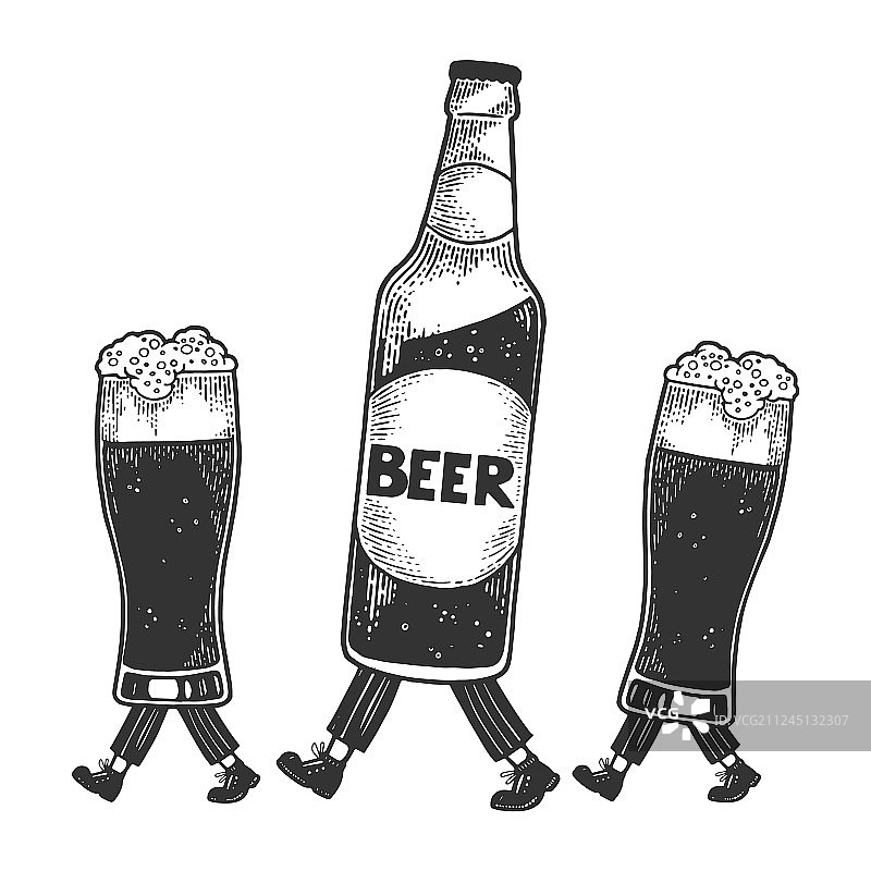 啤酒瓶玻璃杯行走速写图片素材