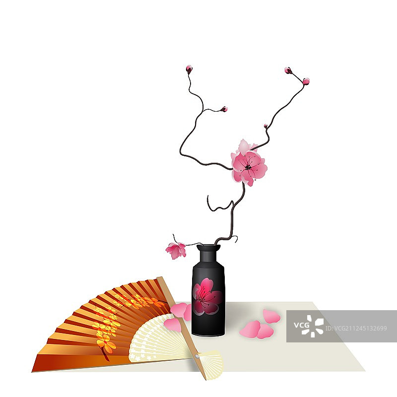 日式插花、人物、樱花、扇子图片素材