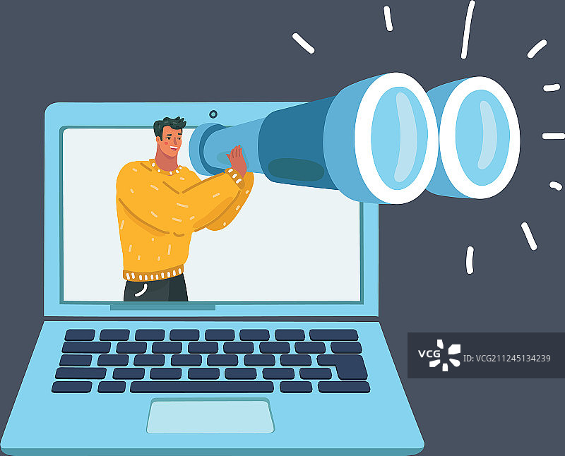 小人用望远镜观察巨型笔记本电脑图片素材