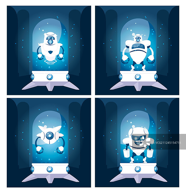 蓝色背景上的卡通机器人合集图片素材