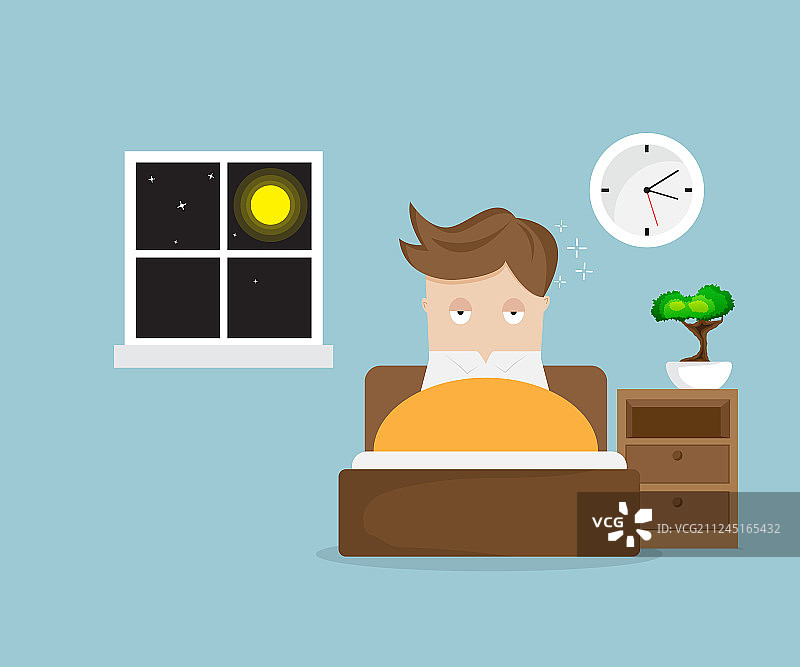 夜晚床上失眠的男人卡通人物图片素材