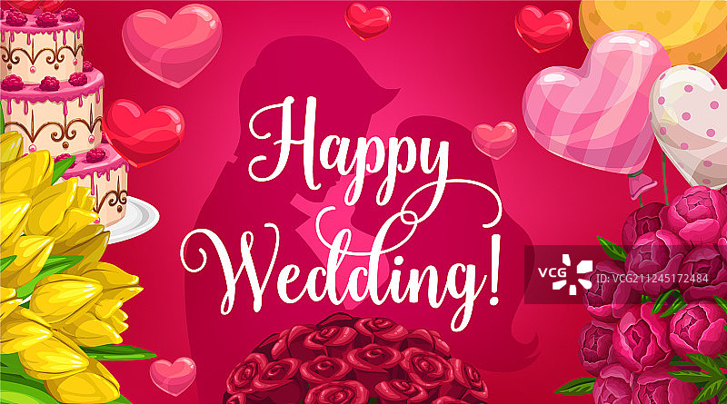 新郎新娘剪影婚礼请柬鲜花图片素材