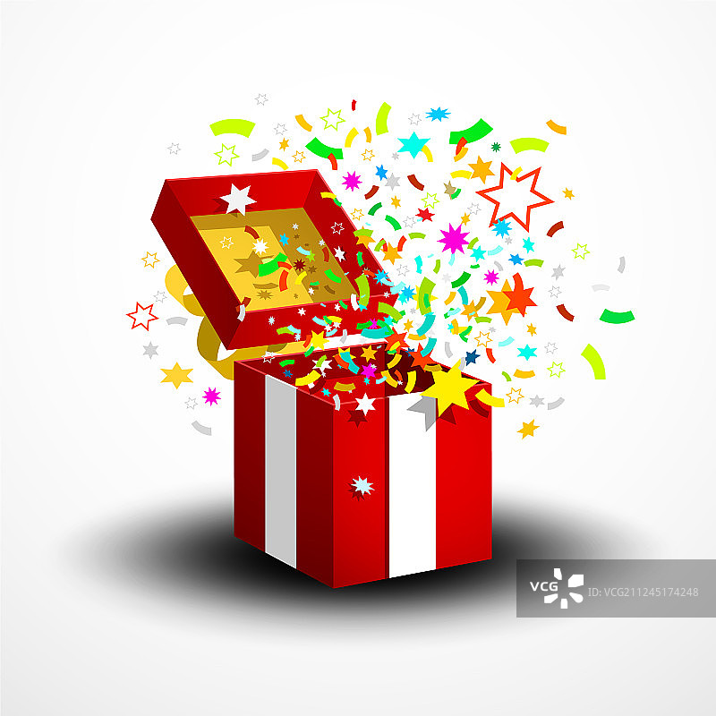 打开的带有五彩纸屑的红色惊喜礼品盒图片素材