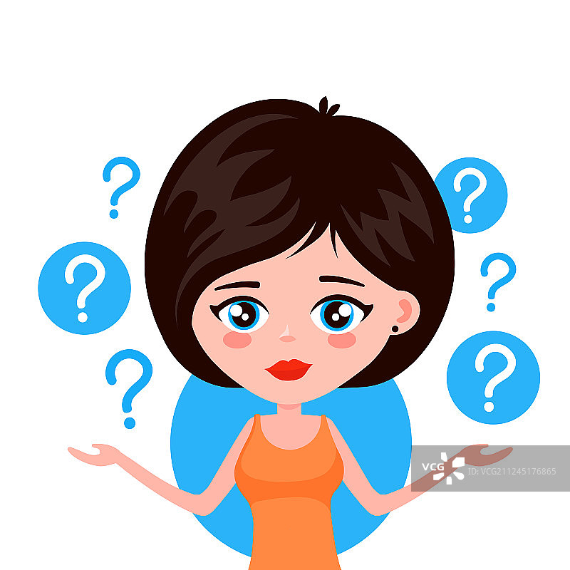 思考中的年轻女人，站在问号下图片素材