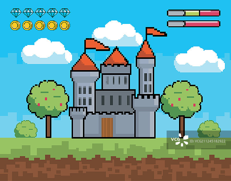 带有生命条的城堡与树木灌木图片素材