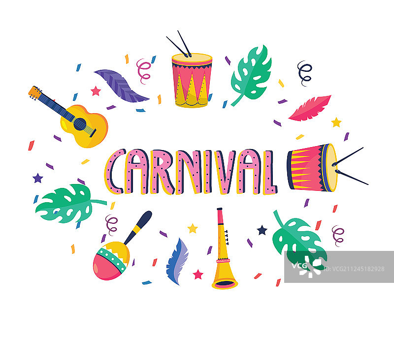 狂欢节：鼓、吉他和沙槌图片素材
