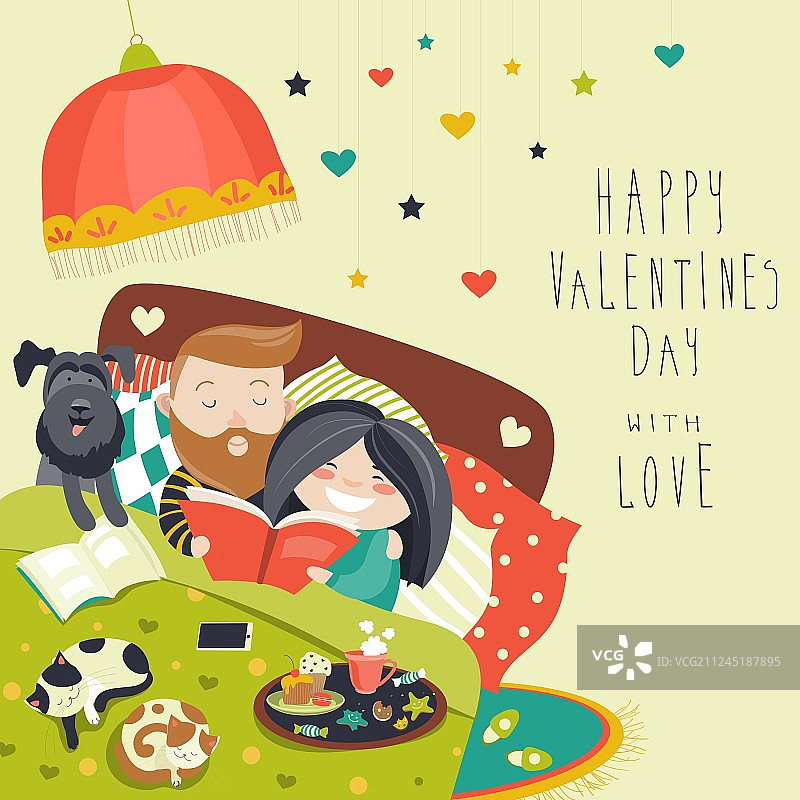 快乐夫妇与猫狗在床上图片素材