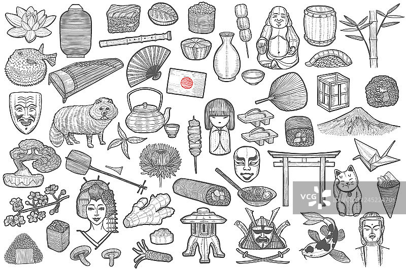 手绘风格的日本符号集图片素材