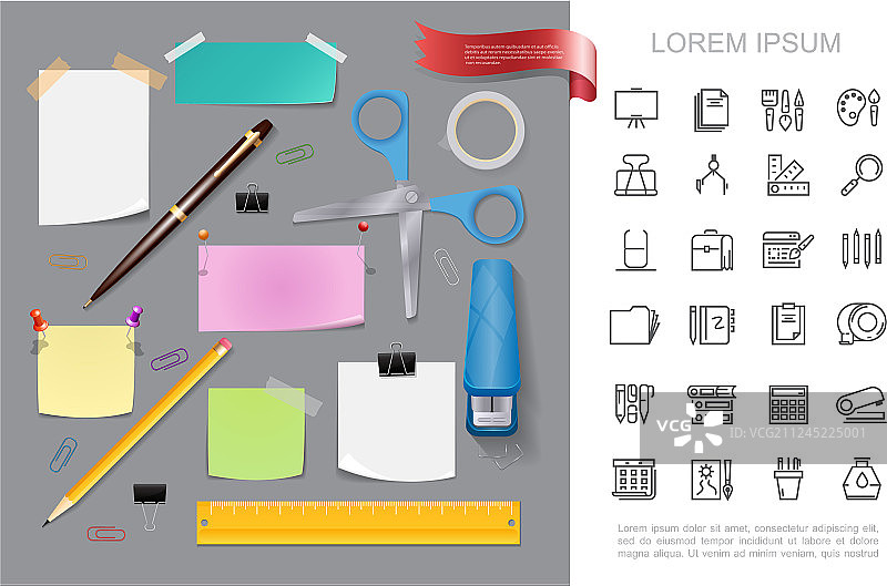 逼真的彩色文具概念设计图片素材