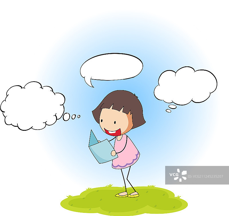 快乐女孩阅读书籍，带有气球对话框图片素材