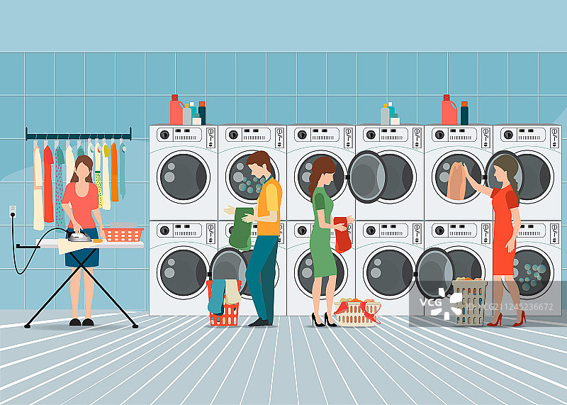 洗衣房内的一排工业洗衣机图片素材