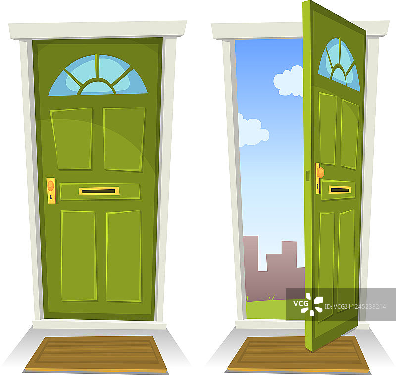 卡通绿色门的打开与关闭图片素材
