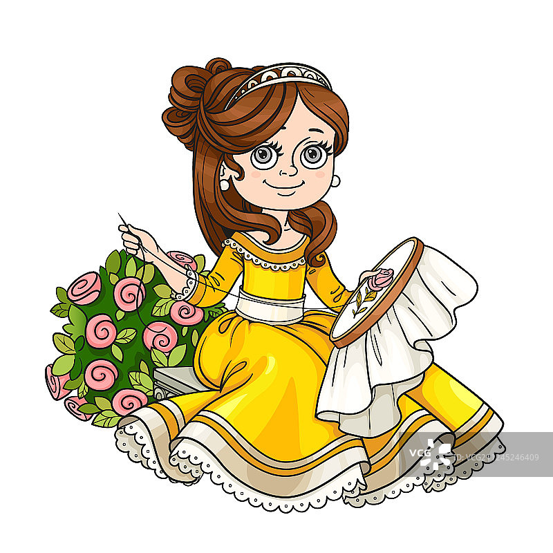 美丽公主坐在灌木旁的长凳上图片素材