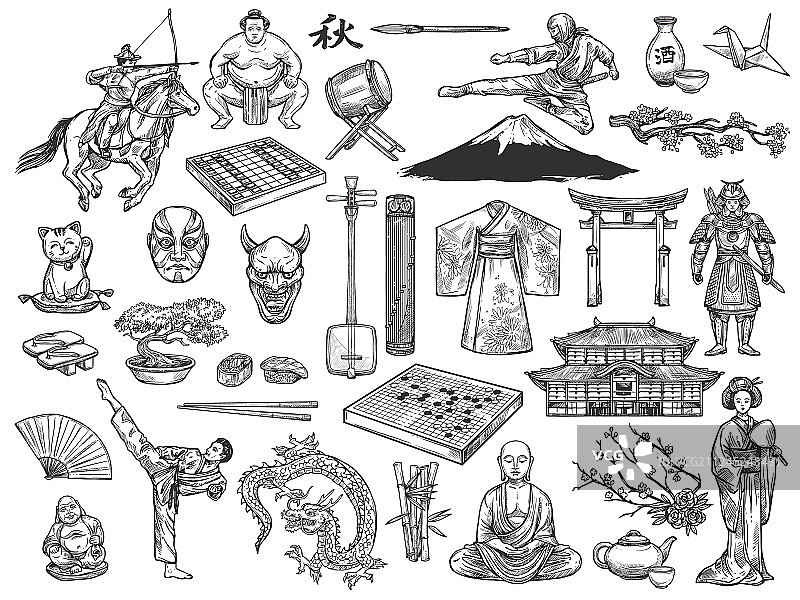 日本文化符号历史传统速写图片素材
