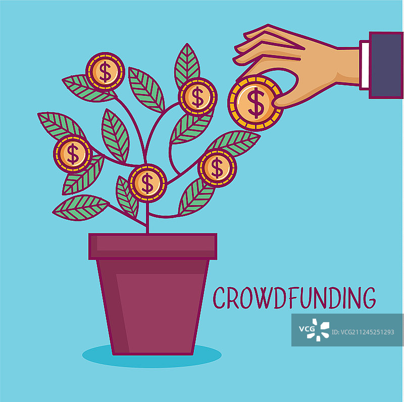 手、罐、树、硬币、美元众筹商业图片素材