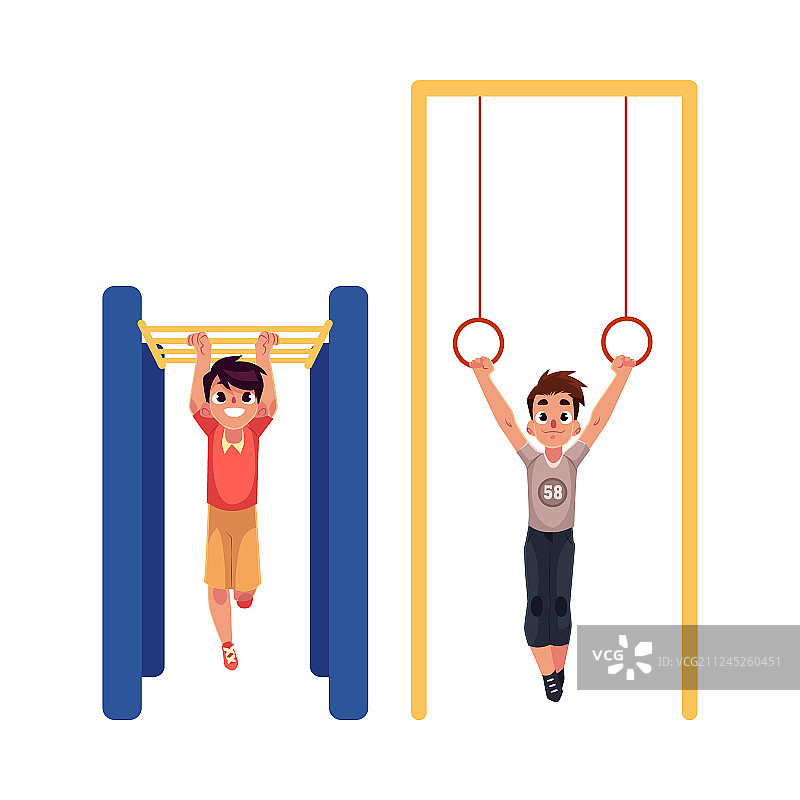 男孩在体操吊环和单杠上玩耍图片素材