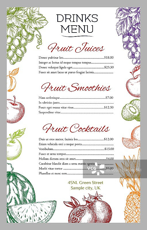 鲜榨果汁饮品菜单图片素材