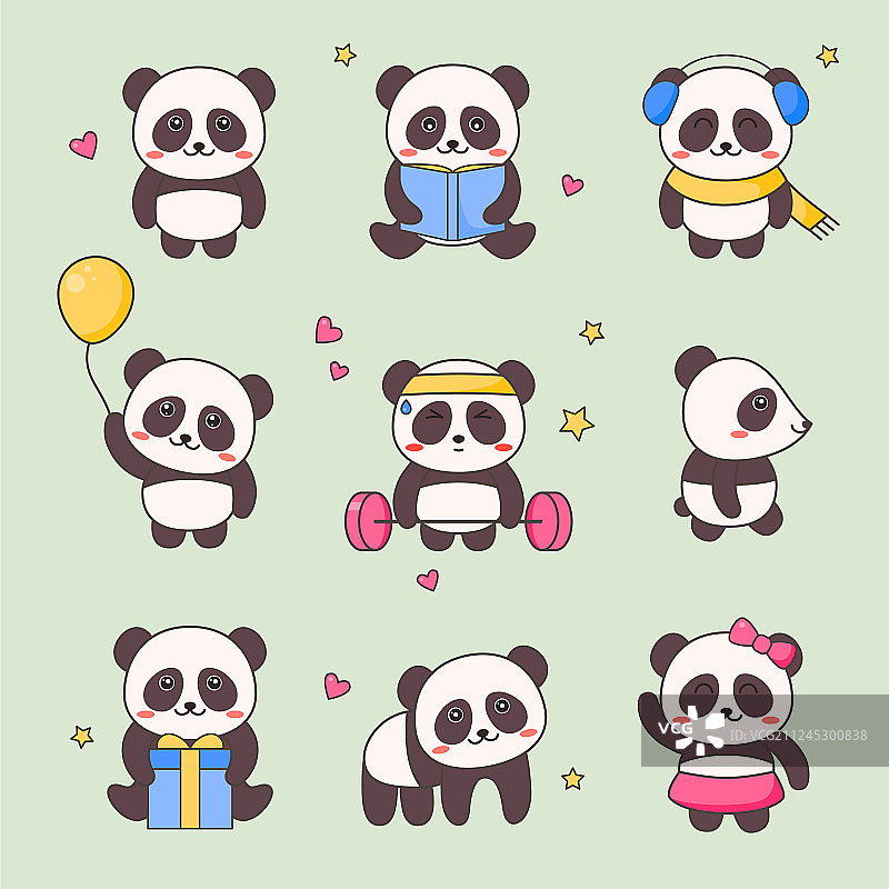 可爱熊猫卡通形象贴纸套装图片素材