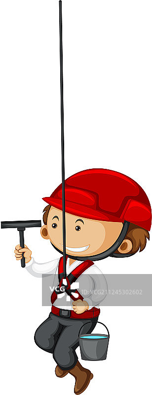 清洁窗户的工人与水桶图片素材