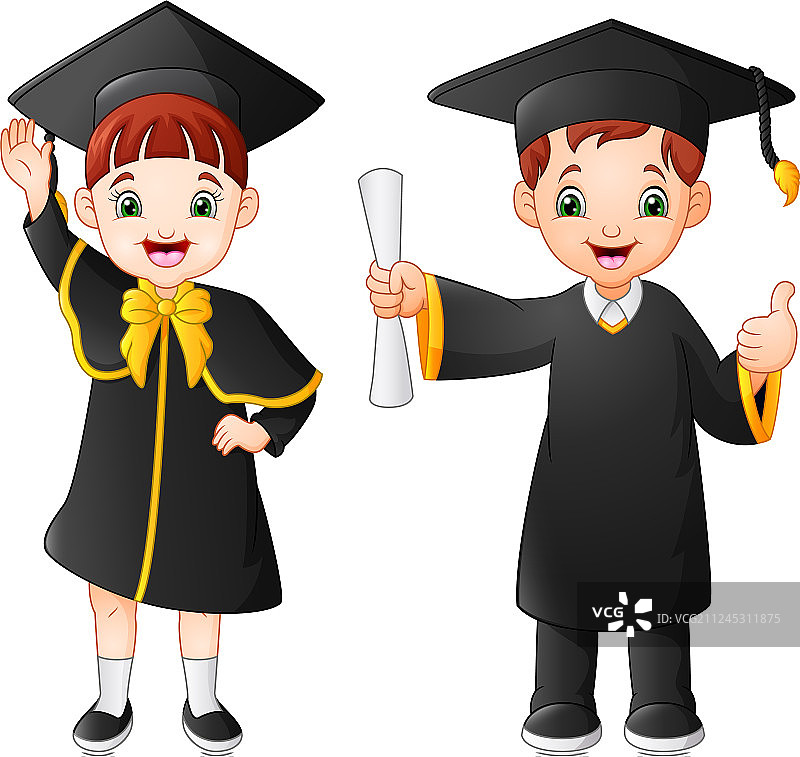 卡通快乐的孩子穿着毕业礼服图片素材