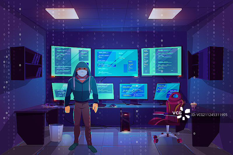 服务器机房内的黑客和多个电脑显示器图片素材