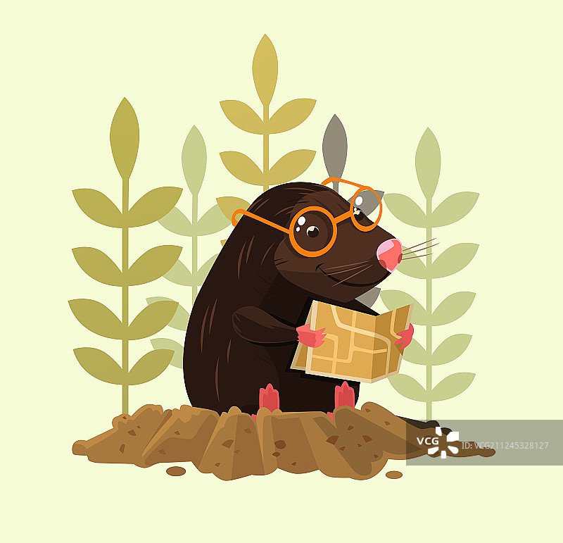 坐着读书的快乐微笑的鼹鼠卡通形象图片素材