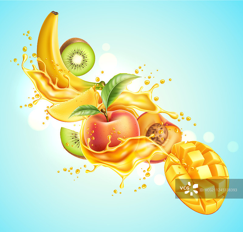 多汁爆炸中的逼真热带水果图片素材