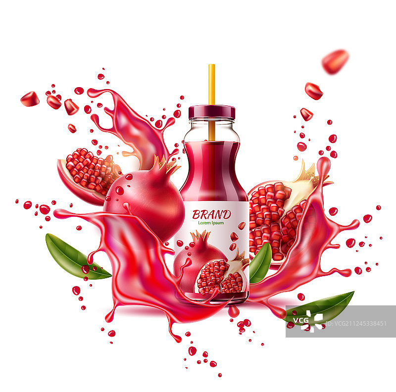 逼真石榴汁瓶飞溅图片素材
