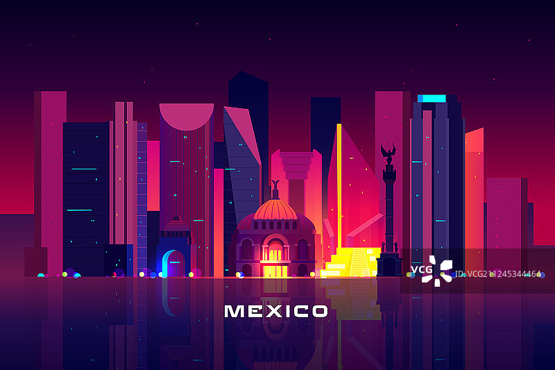 墨西哥城天际线霓虹夜景图片素材