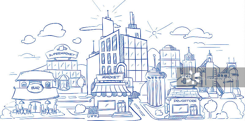 现代建筑铅笔素描城市景观图片素材