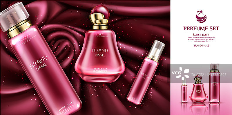 天鹅绒面料上的香水除臭剂样品瓶图片素材