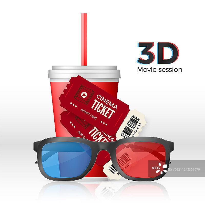 电影套装：3D眼镜、票和饮料杯图片素材