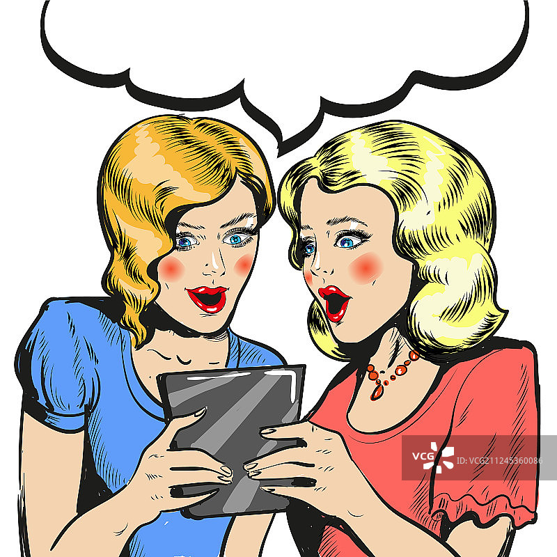 女人惊讶地拿着平板电脑，漫画风格图片素材