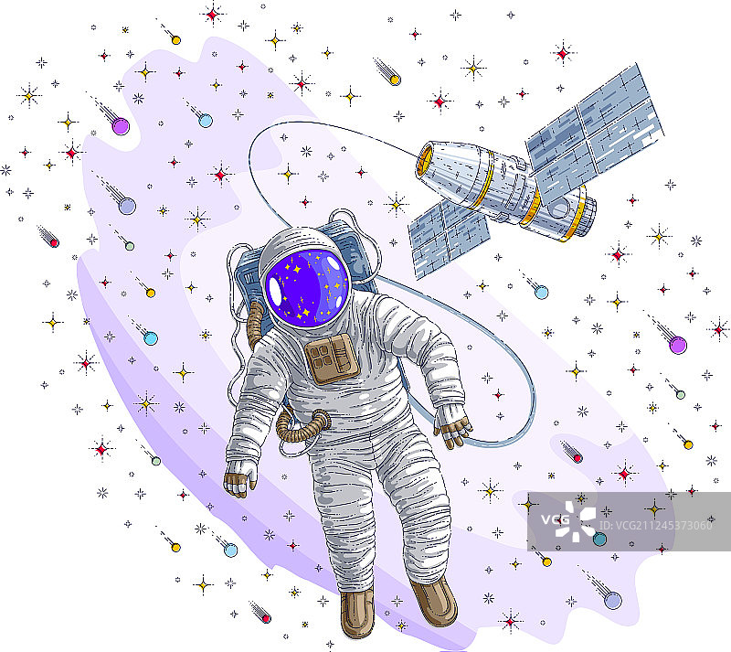 与太空舱连接的宇航员图片素材