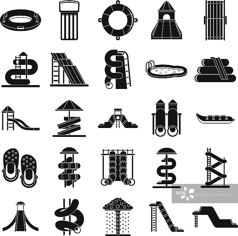 儿童水上乐园图标简约风格套装图片素材