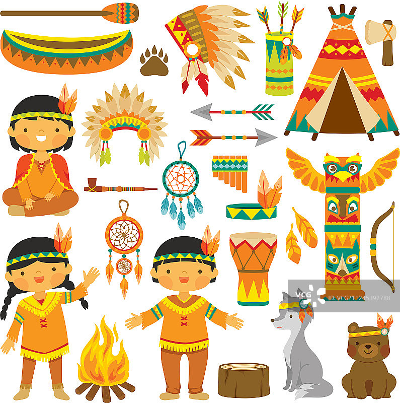 美洲原住民儿童剪贴画套装图片素材