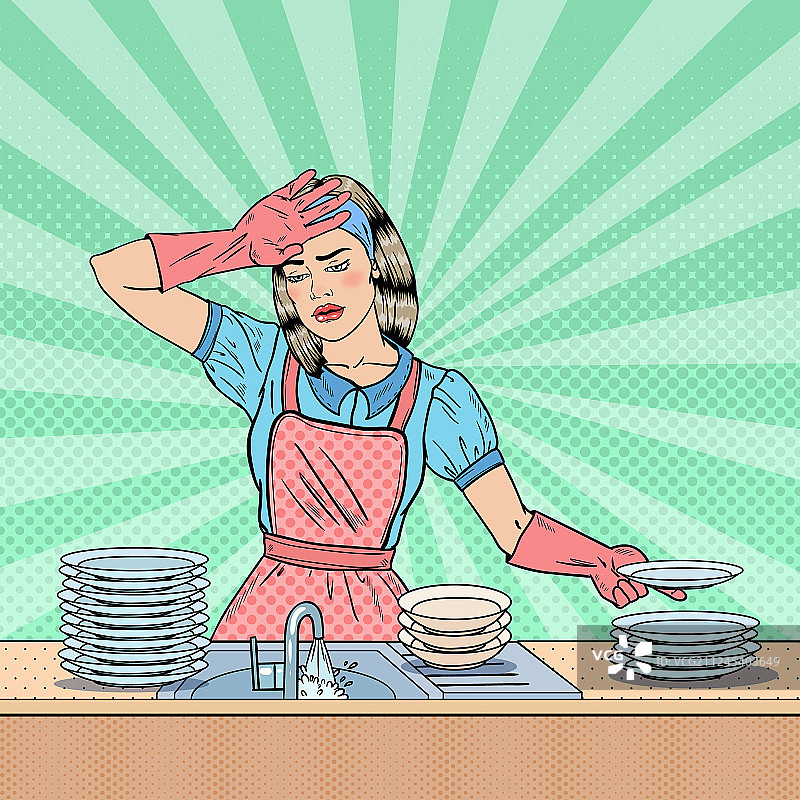 波普艺术风格的家庭主妇在厨房洗碗图片素材