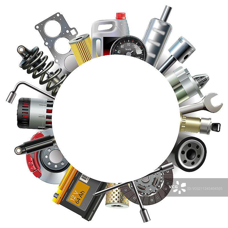 带汽车备件的圆形空白框架图片素材