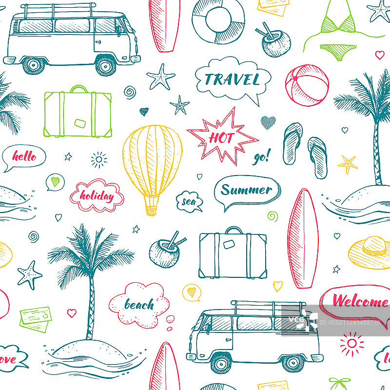 手绘旅行涂鸦无缝图案图片素材